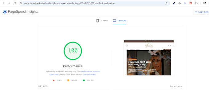 Jannalouise.nl — PageSpeed 100 / 100 — desktop